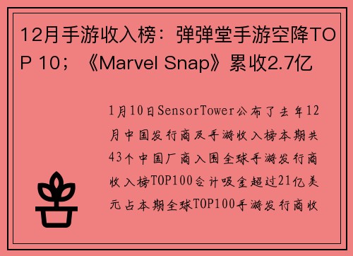 12月手游收入榜：弹弹堂手游空降TOP 10；《Marvel Snap》累收2.7亿
