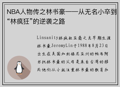 NBA人物传之林书豪——从无名小卒到“林疯狂”的逆袭之路