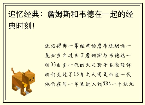 追忆经典：詹姆斯和韦德在一起的经典时刻！